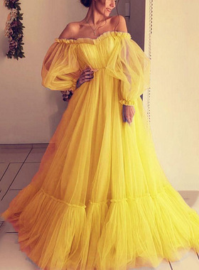 One-shoulder gauze wedding party dress一字肩网纱长款婚纱礼服