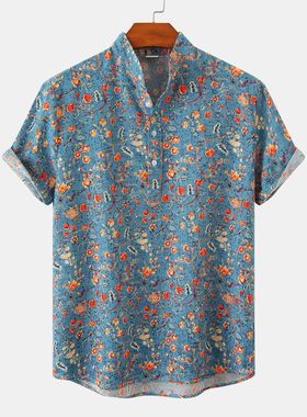 Hawaiian Shirt Men Half Placket Collar Beach Shirt Vacation