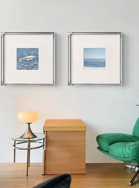 蓝色风景简约银框画向海小众艺术极简装饰画客餐厅书房包豪斯挂画