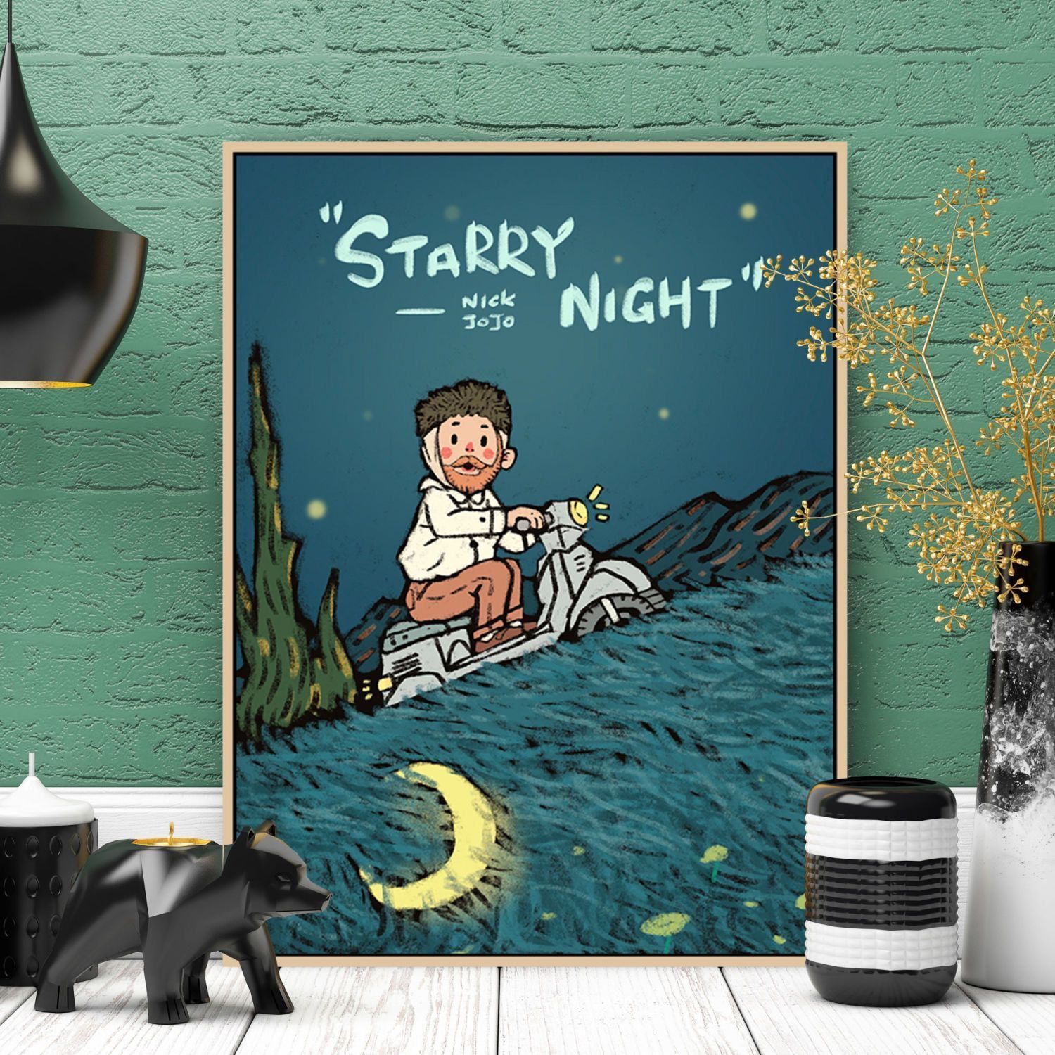 梵高星空向日葵装饰画原创插画客厅卧室现代卡通艺术人物成品挂画图片
