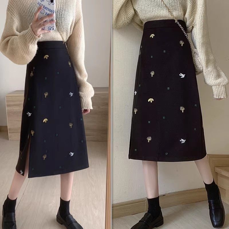 中长裙半身裙复古a字刺绣
