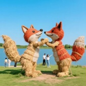 稻草人工艺品网红稻草狐狸雕塑手工编织工艺品景区大型草雕景观