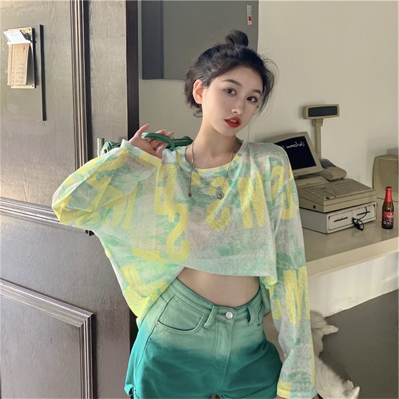 扎染网纱防晒上衣女夏装韩版大码胖妹妹冰丝薄款透视长袖T恤罩衫