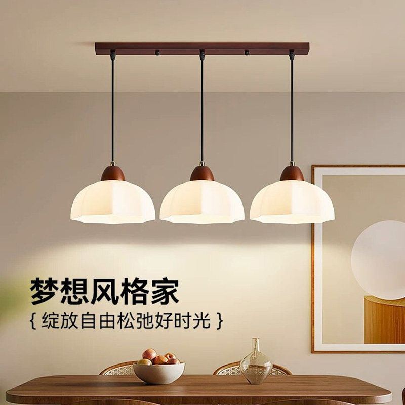法式中古风餐厅吊灯复古胡桃木三头餐桌灯高级氛围感灯具图片