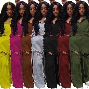 Women's Fashion Loose Wide Leg Pants with Hat Zipper Coat