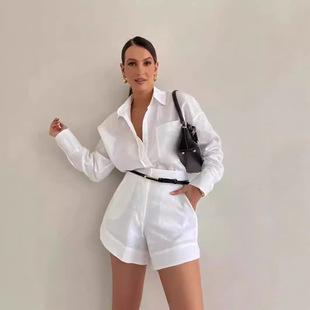 衬衫女Autumn women's loose casual shirt high waisted shorts