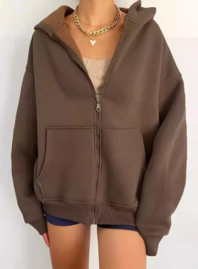 women zipper hooded cardigan short jacket Casual hoodie coat