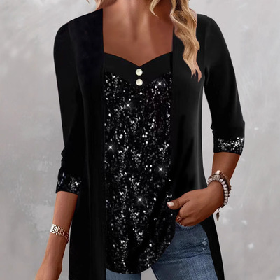 New Long Sleeve Women's Tops Casual fake two-piece T-shirt