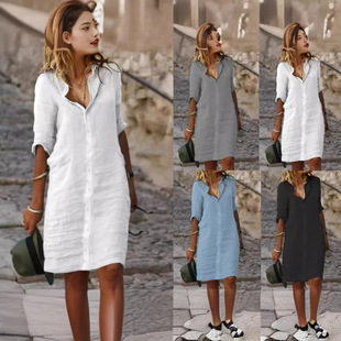 shirt dress mid skirt line linen cotton sleeve Loose woman