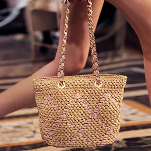ins网红博主款 小香风链条编织包单肩包手工草编包水桶包2026新款