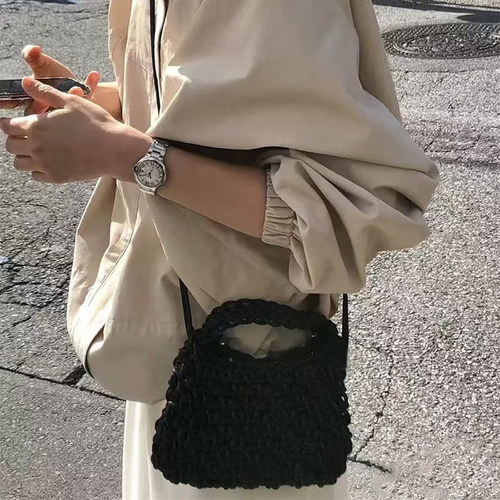 2026新款纯手工编织包简约时尚斜挎包黑色小包包绳编包韩国女包潮