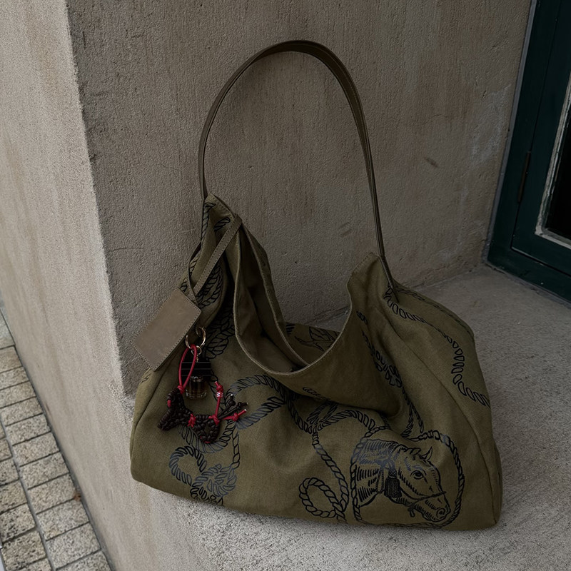 小众设计复古印花帆布单肩包大容量手提包时尚女包单肩包托特包潮