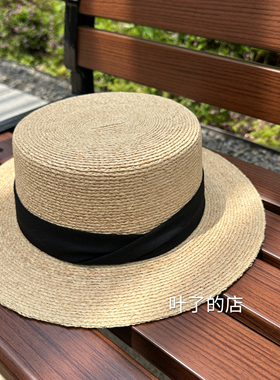 拉菲草法式平顶草帽女夏季英伦复古时尚礼帽海边游玩沙滩遮阳帽子
