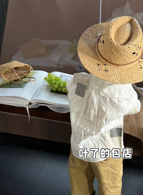 【设计款】拉菲草儿童卷边带绑带草帽户外镂空防晒遮阳沙滩草帽