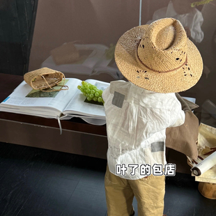 拉菲草儿童卷边带绑带草帽户外镂空防晒遮阳沙滩草帽 设计款