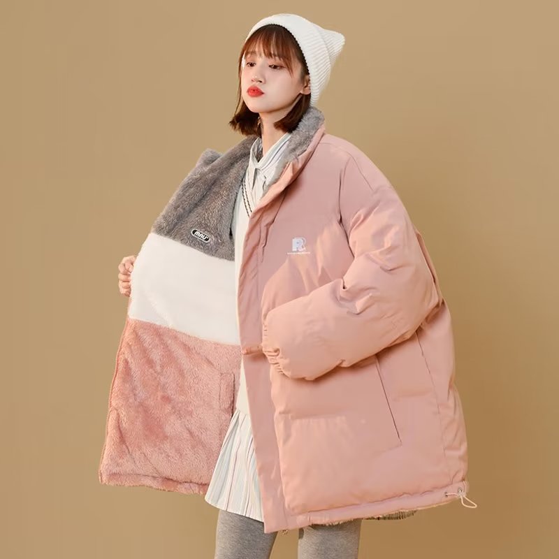 冬季两面穿羊羔绒棉衣女ins港风加绒拼色棉袄宽松百搭立领棉服女
