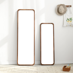 北欧简约实木框穿衣镜黑胡桃樱桃木壁挂防爆落地镜可移动窄全身镜