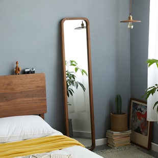 北欧日式 实木全身镜落地防爆超窄可移动黑胡桃樱桃木壁挂穿衣镜
