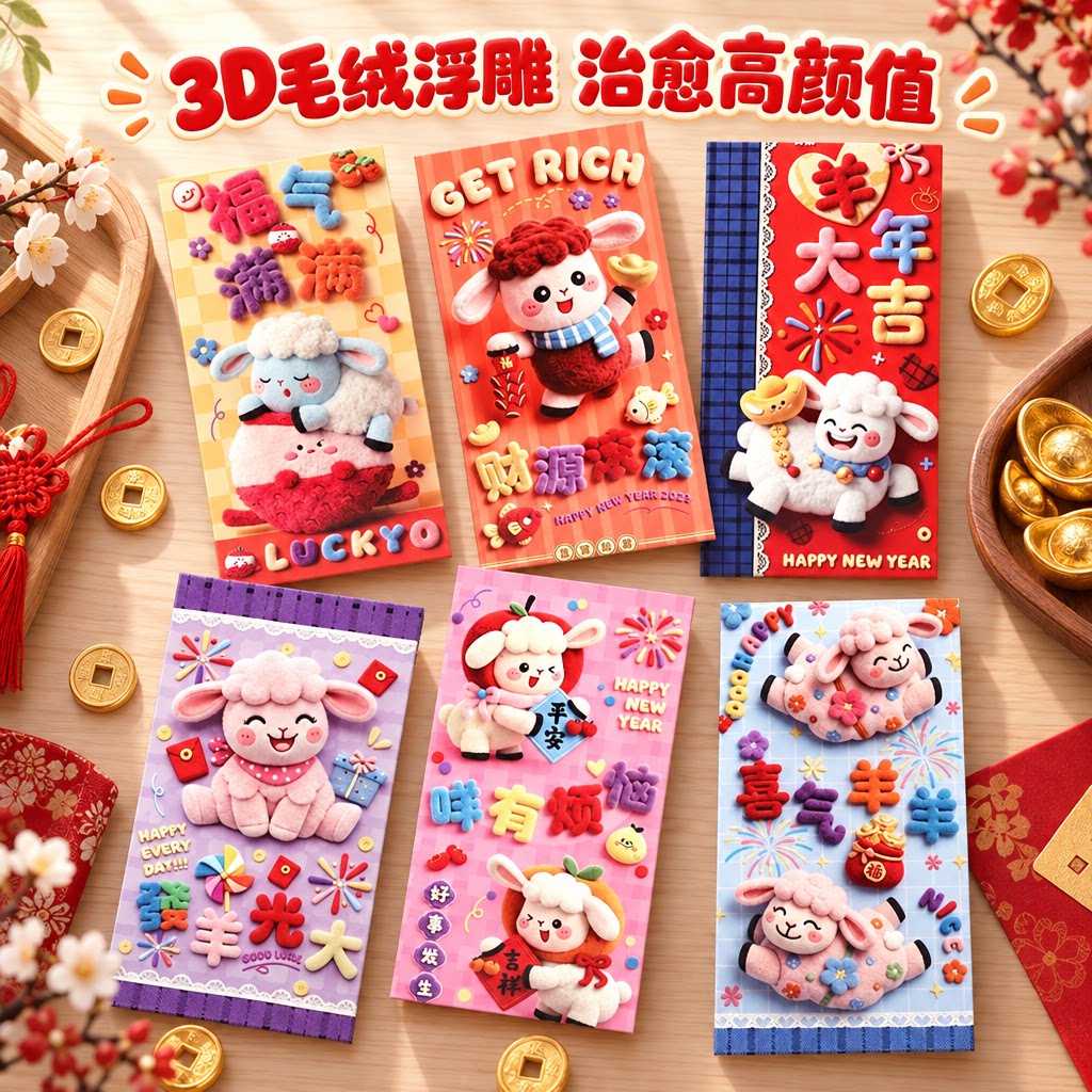 2027羊年红包袋3D毛绒仿刺绣春节羊新年利是封创意个性压岁钱袋