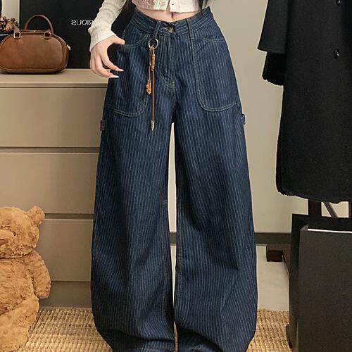 实拍美式复古条纹水洗挂件牛仔裤女慵懒休闲百搭宽松工装裤子