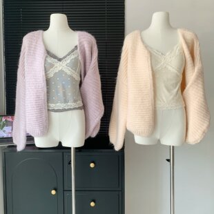 Acaine奶油舒芙蕾/纯色长袖灯笼袖针织开衫外套女秋季慵懒风上衣