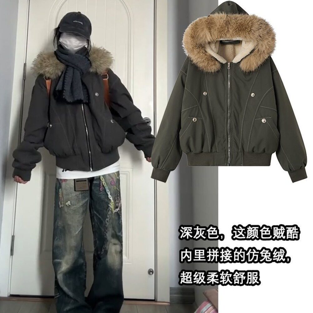 派克服短款羽绒棉服女仿兔毛大毛领连帽棉衣2026冬外套美式复古