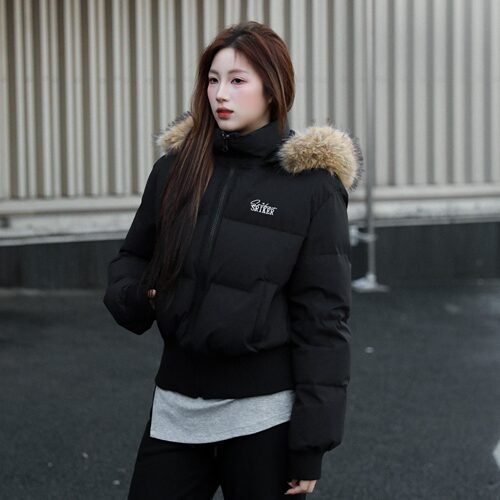 SRIKERLAB冬季短款皮草连帽羽绒服收腰显瘦高级感大毛领棉衣女