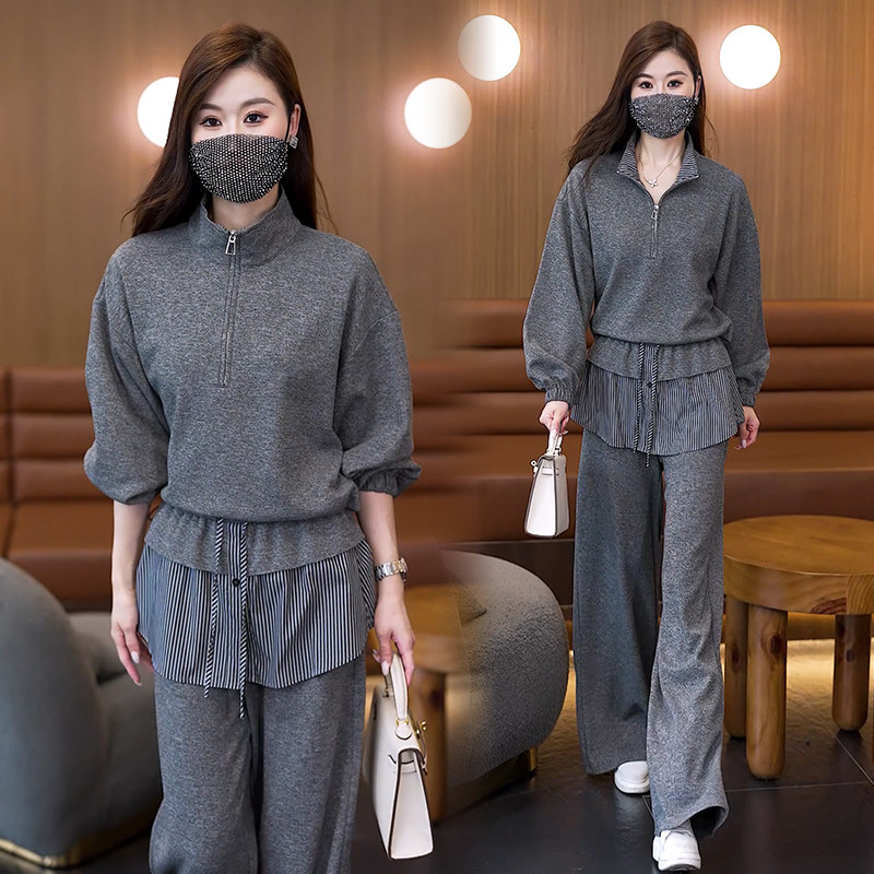 大码休闲套装半拉链卫衣条纹屁帘休闲裤女胖mm早秋穿搭显瘦一整套图片