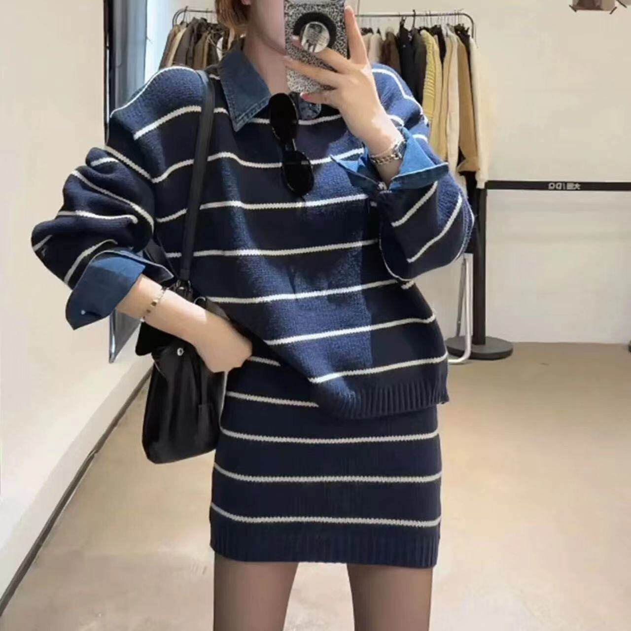 韩系学院风毛衣套装女秋冬穿搭一毛针织衫