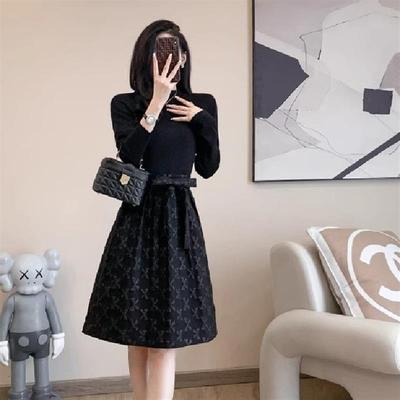 高级感黑色连衣裙女2025年春秋季新款时尚提花中长款收腰显瘦裙潮