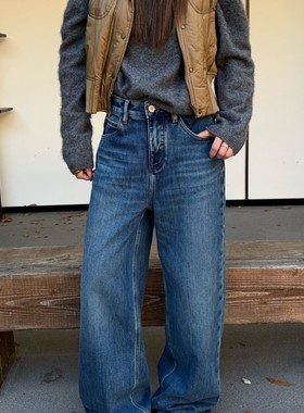 ICC 冬季复合绒洗水深蓝直筒裤显瘦女式牛仔裤子广州十三行70330