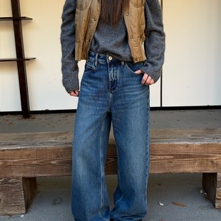 牛仔裤 ICC 显瘦女式 复合绒洗水深蓝直筒裤 子广州十三行70330 冬季