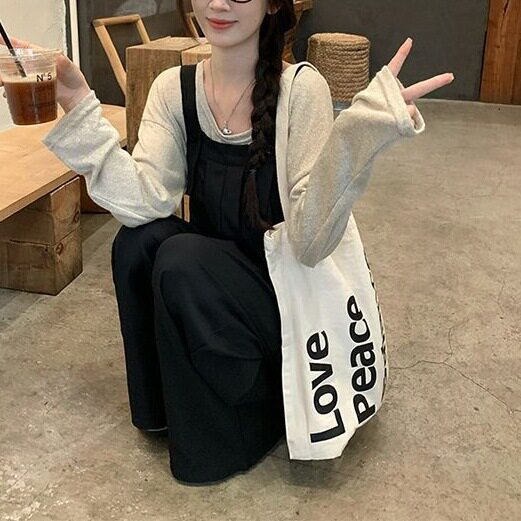 杏色上衣慵懒风背带裤女秋季百搭时尚休闲连体裤阔腿长裤两件套女