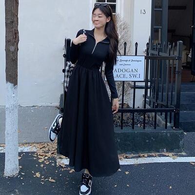 实拍有口袋  法式赫本风黑色长袖针织连衣裙子女高级感显瘦长