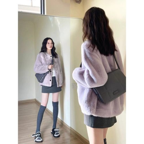 紫色仿水貂毛绒加厚外套女秋冬季2025新款深秋初冬小个子香风上衣