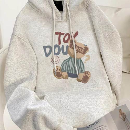 灰色小熊连帽加绒卫衣女款2025秋冬新款爆款宽松大码上衣加厚帽衫