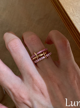 S925纯银环环相扣粉色排钻戒指女