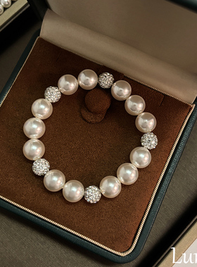 施家正圆粉紫曼塔玫瑰珍珠手链女