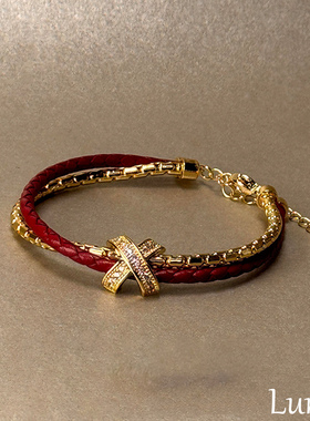 S925纯银红色交叉字母皮绳手链女