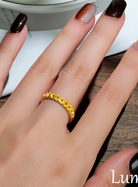 S925纯银钱多多金色铜钱戒指轻奢