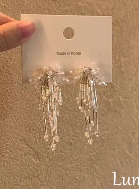 S925纯银白色立体烟花串珠流苏耳钉女轻奢高级感超仙显白气质耳饰