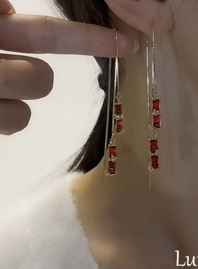 S925纯银新年红色竹节流苏耳环女2026年新款爆款本命年富贵竹耳饰