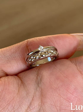 S925银中古菱格闪钻双层戒指小众