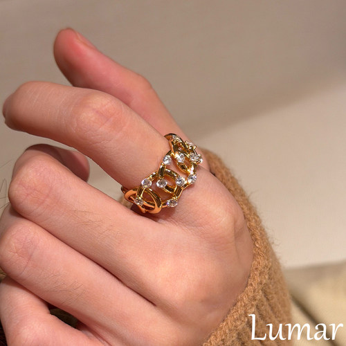 S925纯银金色闪钻环扣宽面戒指女