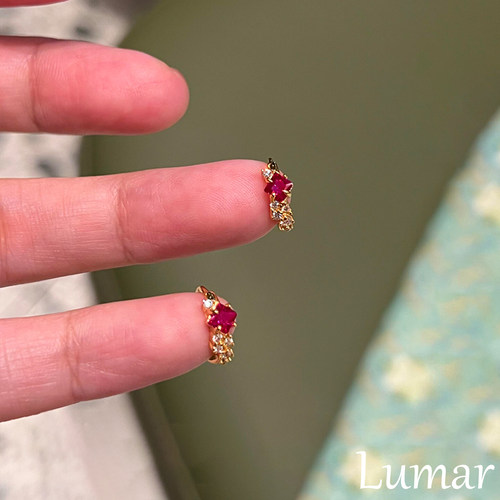 S925纯银mini红色小方钻耳扣轻奢