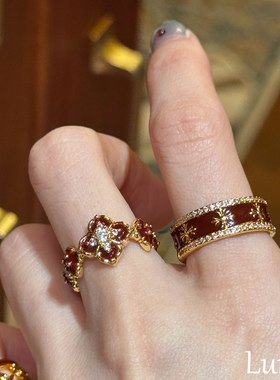 S925纯银红色滴釉鸢尾花戒指轻奢