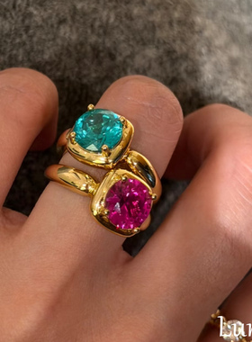 S925纯银红蓝宝石方糖戒指女轻奢