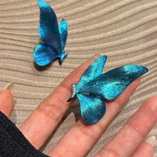 S925纯银庄周梦蝶蓝色拉丝蝴蝶耳钉高级感轻奢显白仙气森系耳饰女