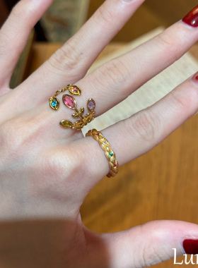 S925纯银复古彩宝闪钻麻花戒指女