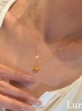 S925纯银爆闪金色雪花项链女2026